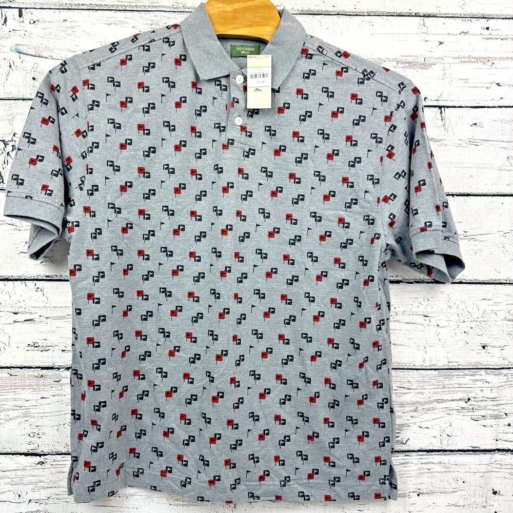 Dockers Golf Men's Golf Flag Print Polo Shirt 100%‎ Cotton Gray [Size Large] NWT